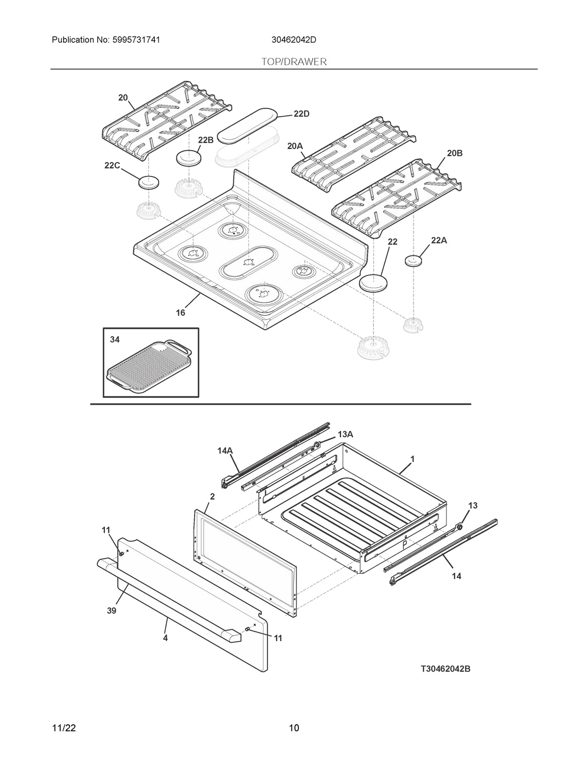 Diagram: Top/Drawer - see part 22A