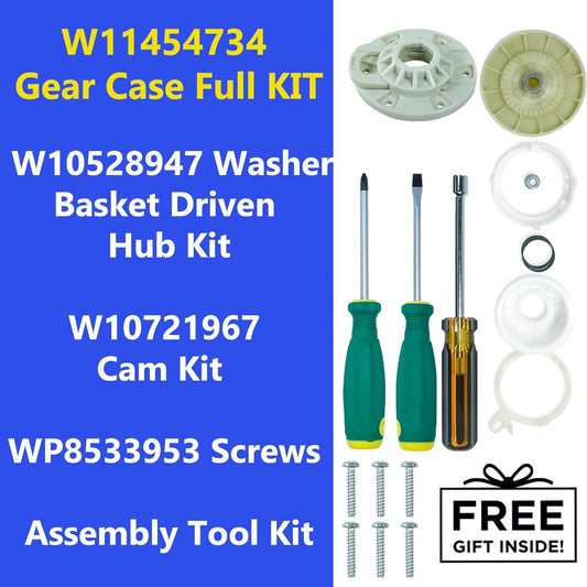 W11454734 Washer Gear Case with W10721967 Cam Kit W10528947 Washer Basket Driven Hub Kit and WP8533953 Screws and Assembly Tool Kit