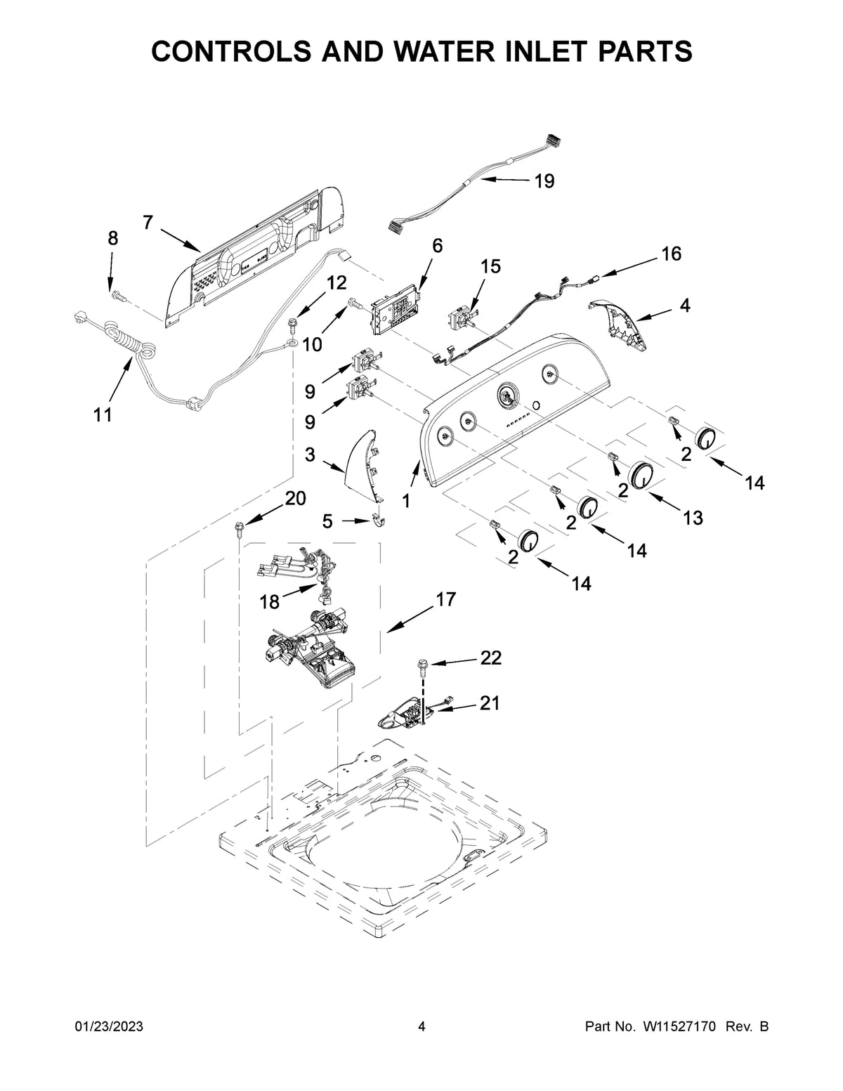 Diagram: Controls And Water Inlet Parts - see part 7
