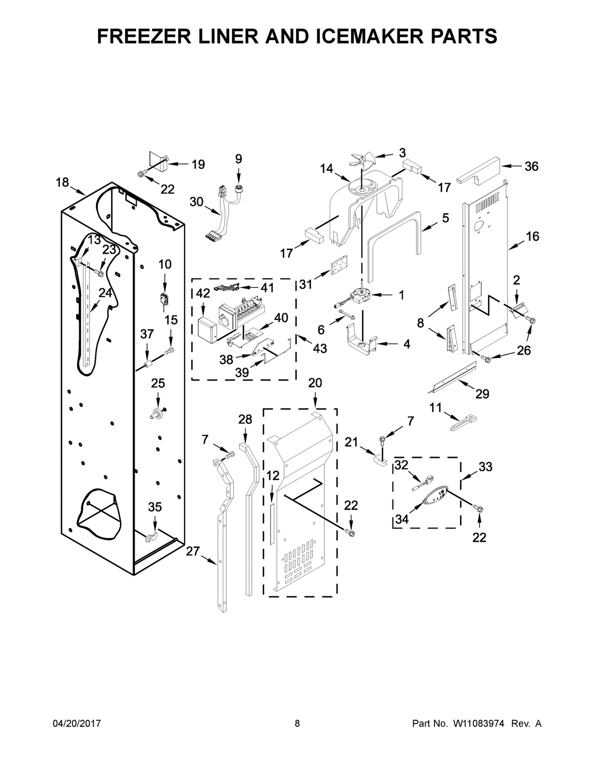 Diagram: Freezer Liner And Icemaker Parts - see part 20