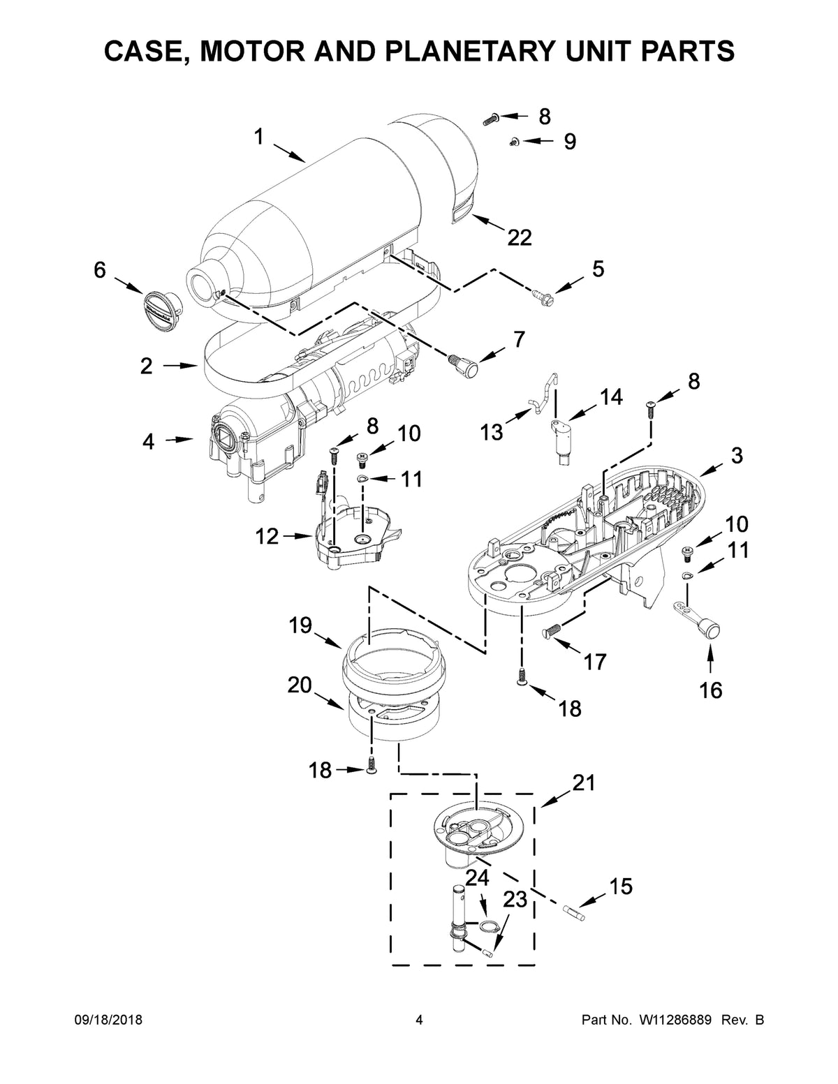 Diagram: Case, Motor And Planetary Unit Parts - see part 1E
