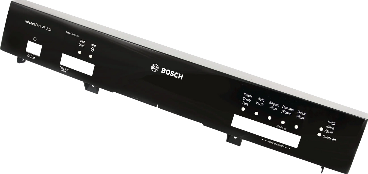 Bosch 00665888 black dishwasher control panel, front view